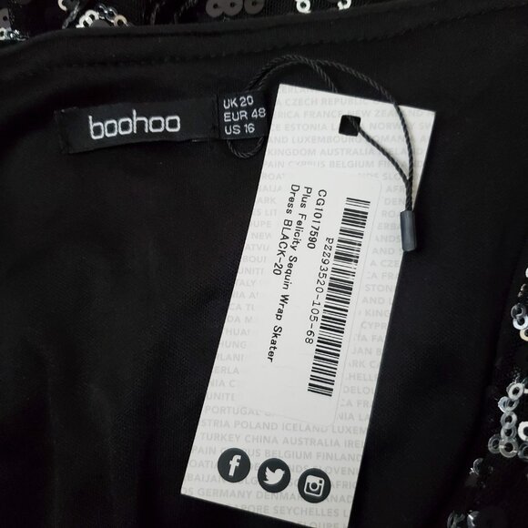 Boohoo Plus Size 16 Dress Felicity Sequin Wrap Skater Black - Picture 10 of 10